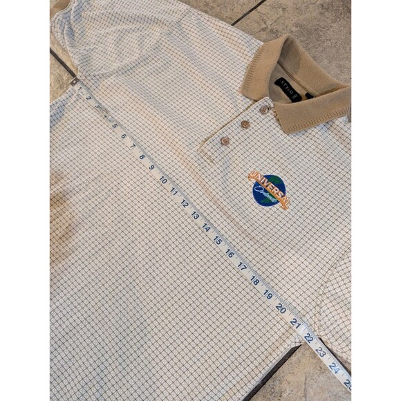 Universal Orlando Polo Shirt Men’s Medium Stylo Golf Beige Check Embroidered - Picture 3 of 10